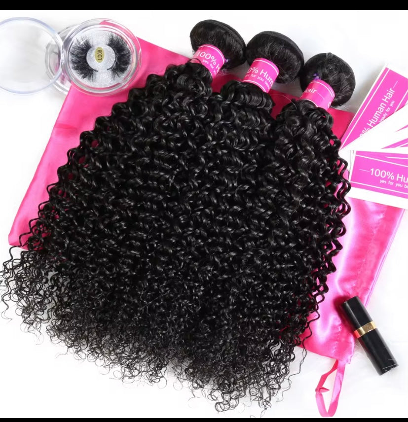 100% Virgin Human Hair Bundles - 12", 14", & 16” Curly, Natural Black (10A)